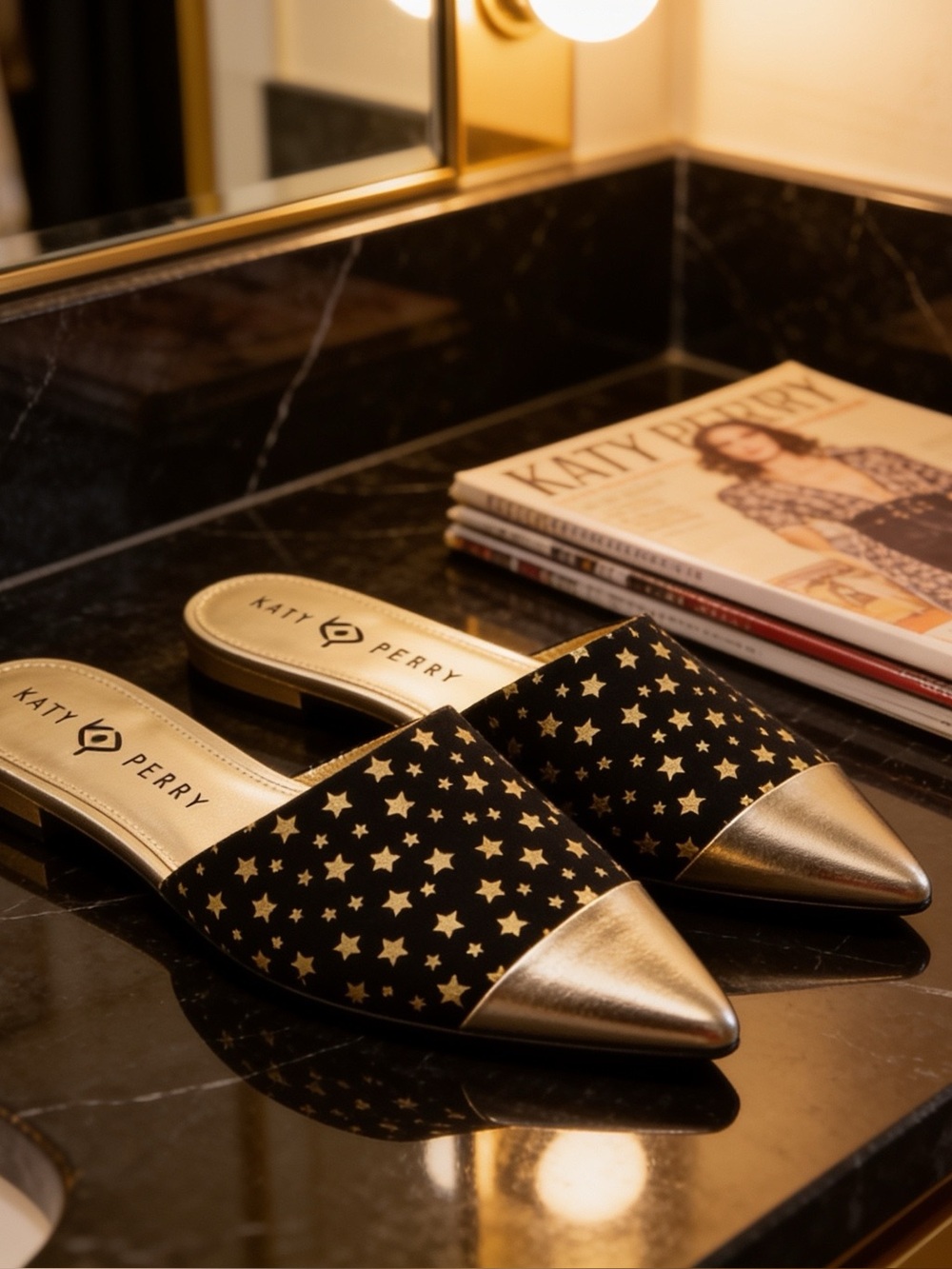 Katy Perry Collections Black & Gold Starpoint Mules